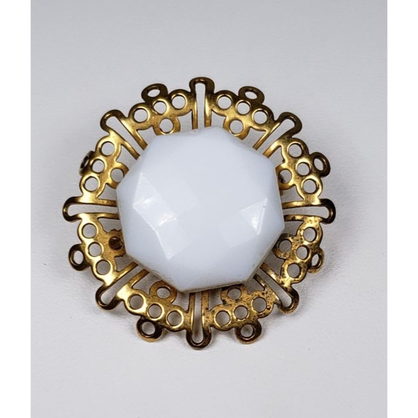 Vintage 1960's Signed Freirich White Cabochon Filigree Brooch Pin